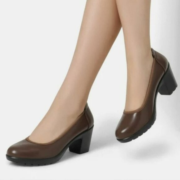 Dream Pairs Edena Chunky Low Block Heel Brown Pumps EUC Size 9 - Picture 1 of 12